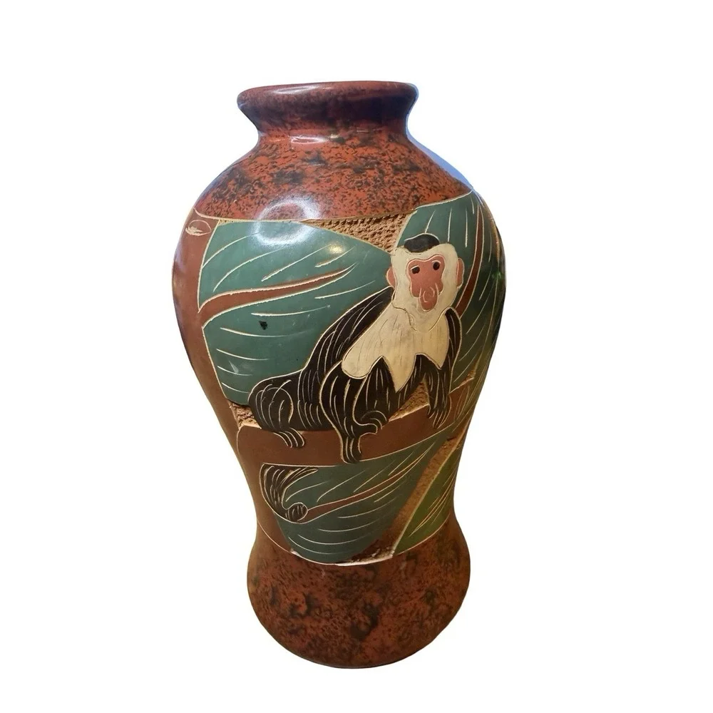 FOLK ART POTTERY VASE Hand Painted Carved Toucan Jungle costa rica 7‎ in Tall